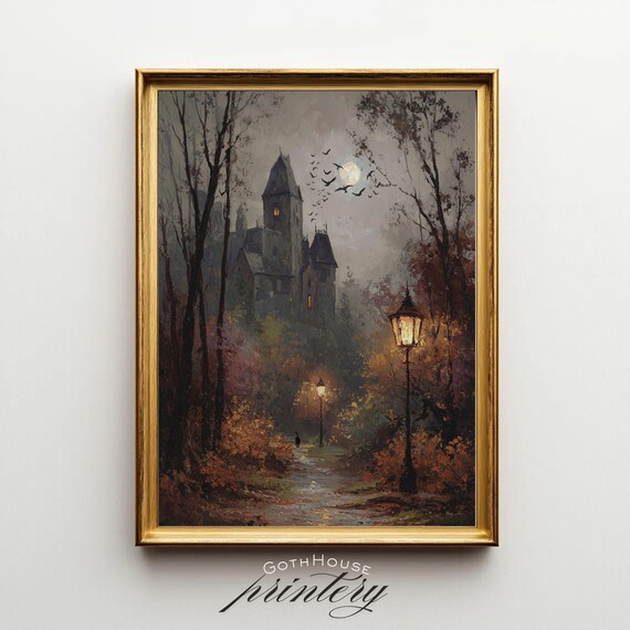 Haunted House Wall Art Spooky Autumn Decor Halloween Print Moody Fall Artwork Victorian Gothic Landscape