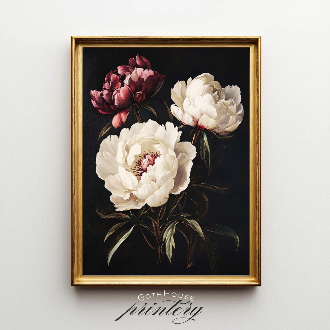 White Peony Painting, Dark Vintage Boho Art Print