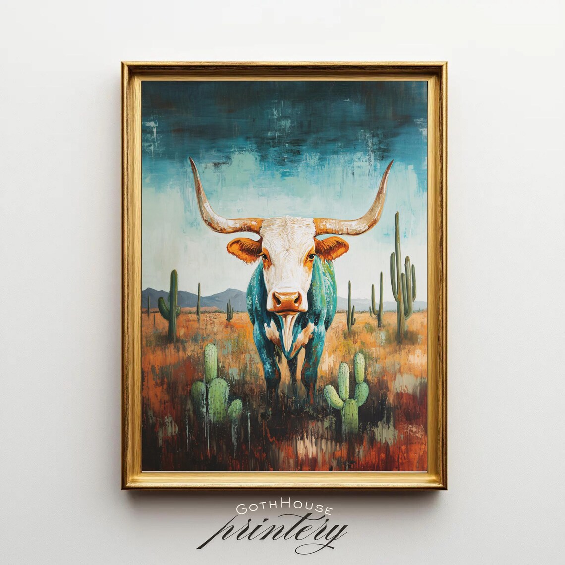 Longhorn Cow Colorful Cactus Desert Art Print