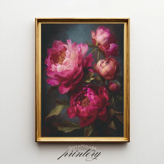 Peony Oil Painting, Dark Academia Botanical Art
