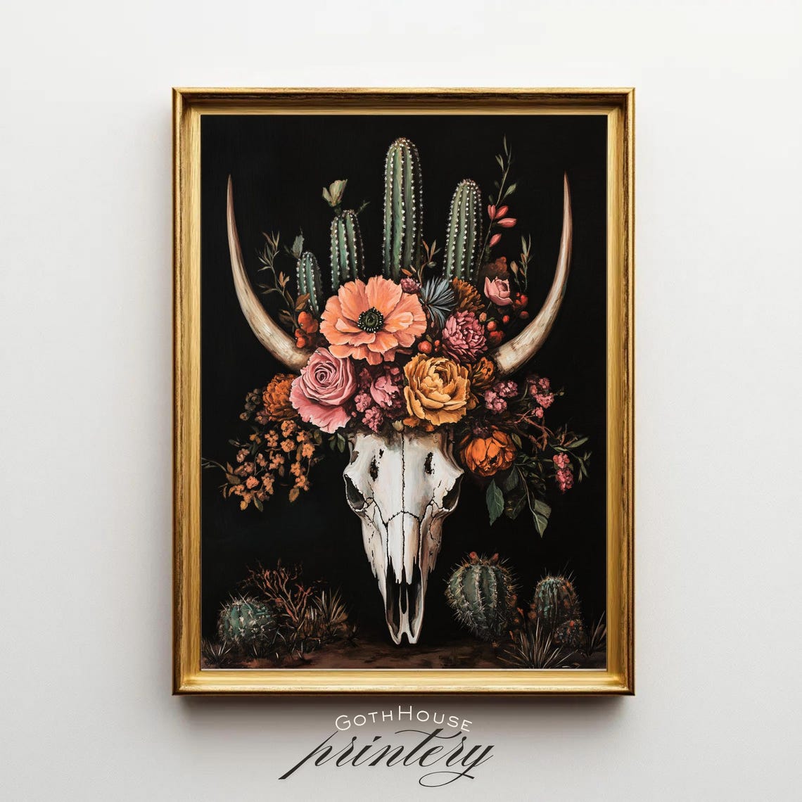 Southwestern Floral Cow Skull Dark Botanical Art Poster with Cacti