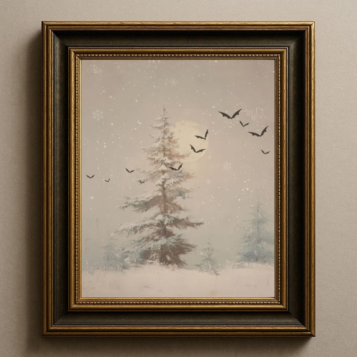 Snowy Winter Trees with Bats and Moon Dark Gothmas Forest Poster