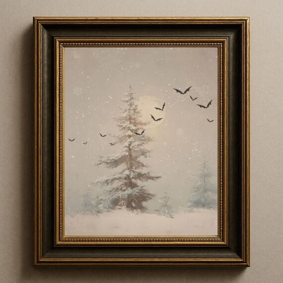 Snowy Winter Trees with Bats and Moon Dark Gothmas Forest Poster