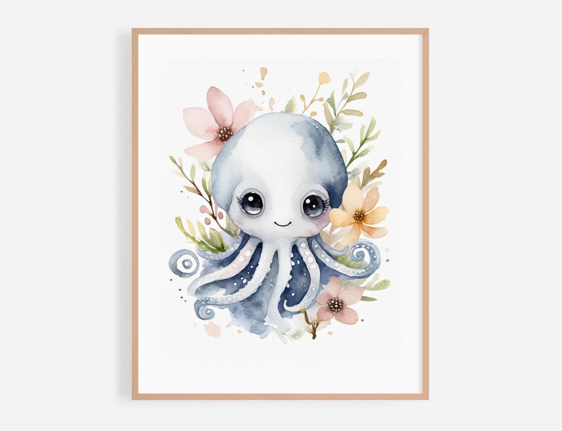 Nursery Wall Art Print Watercolor Animal Portrait Illustration Kids Room Poster Baby Shower Gift Cute Octopus Painting With Flowers