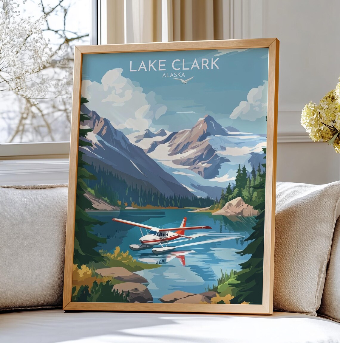 Lake Clark Alaska Seaplane Mountain Lake Vintage Travel Poster