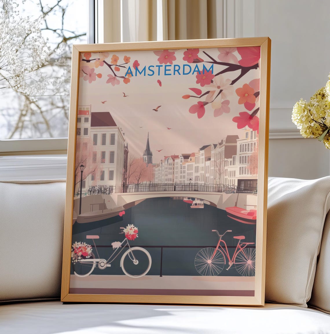 Amsterdam Canal Bicycles Spring Blossom Vintage Travel Art Poster
