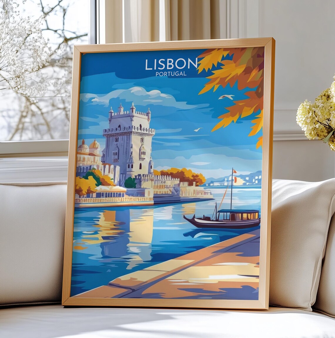 Lisbon Portugal Belem Tower Autumn Riverfront Scene Travel Poster