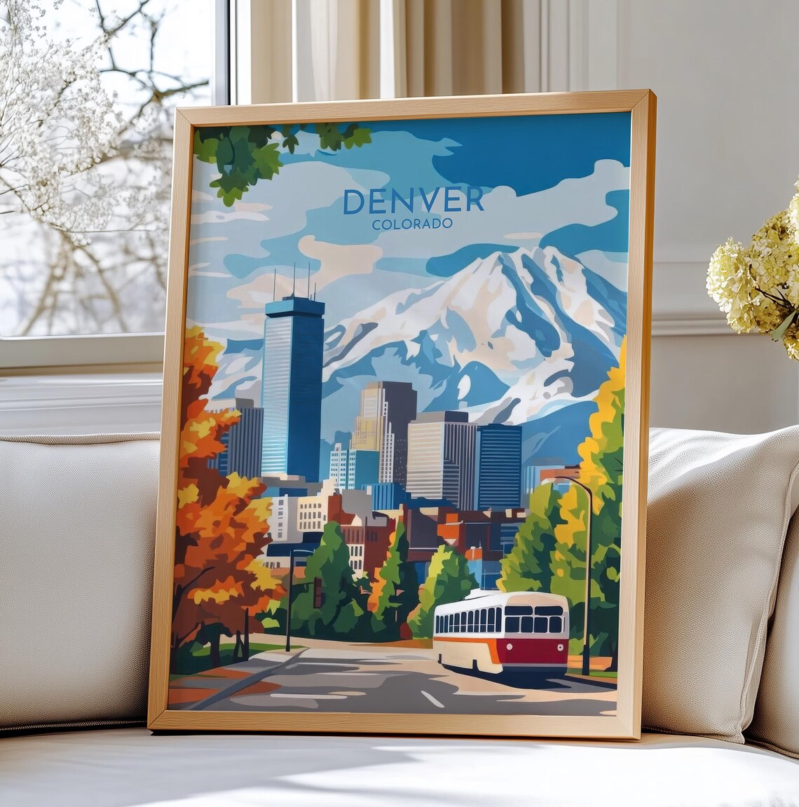 Denver Colorado Travel Print Art Skyline Poster With Rocky Mountains