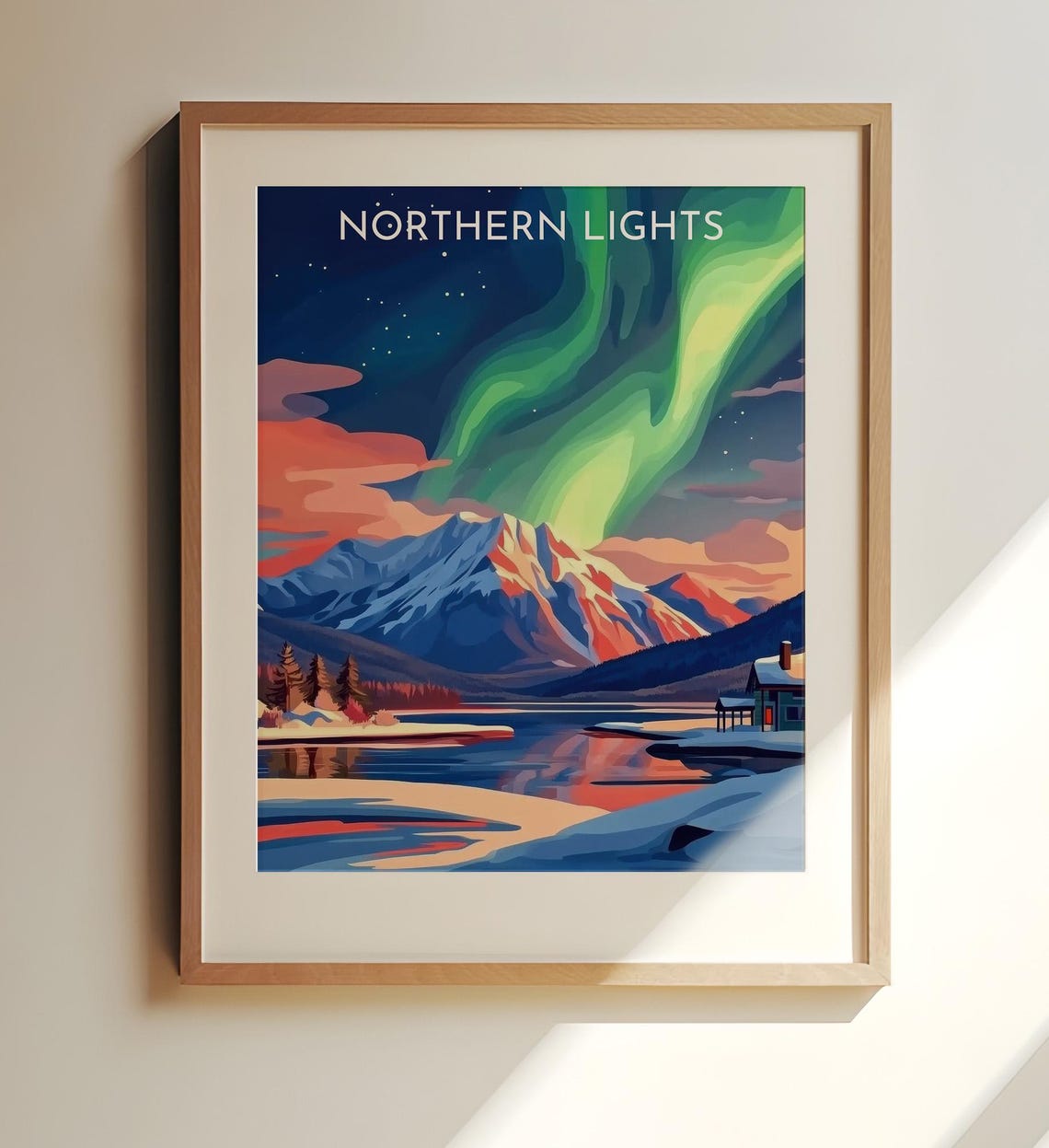 Northern Lights Aurora Mountain Lake Cabin Travel Art Poster