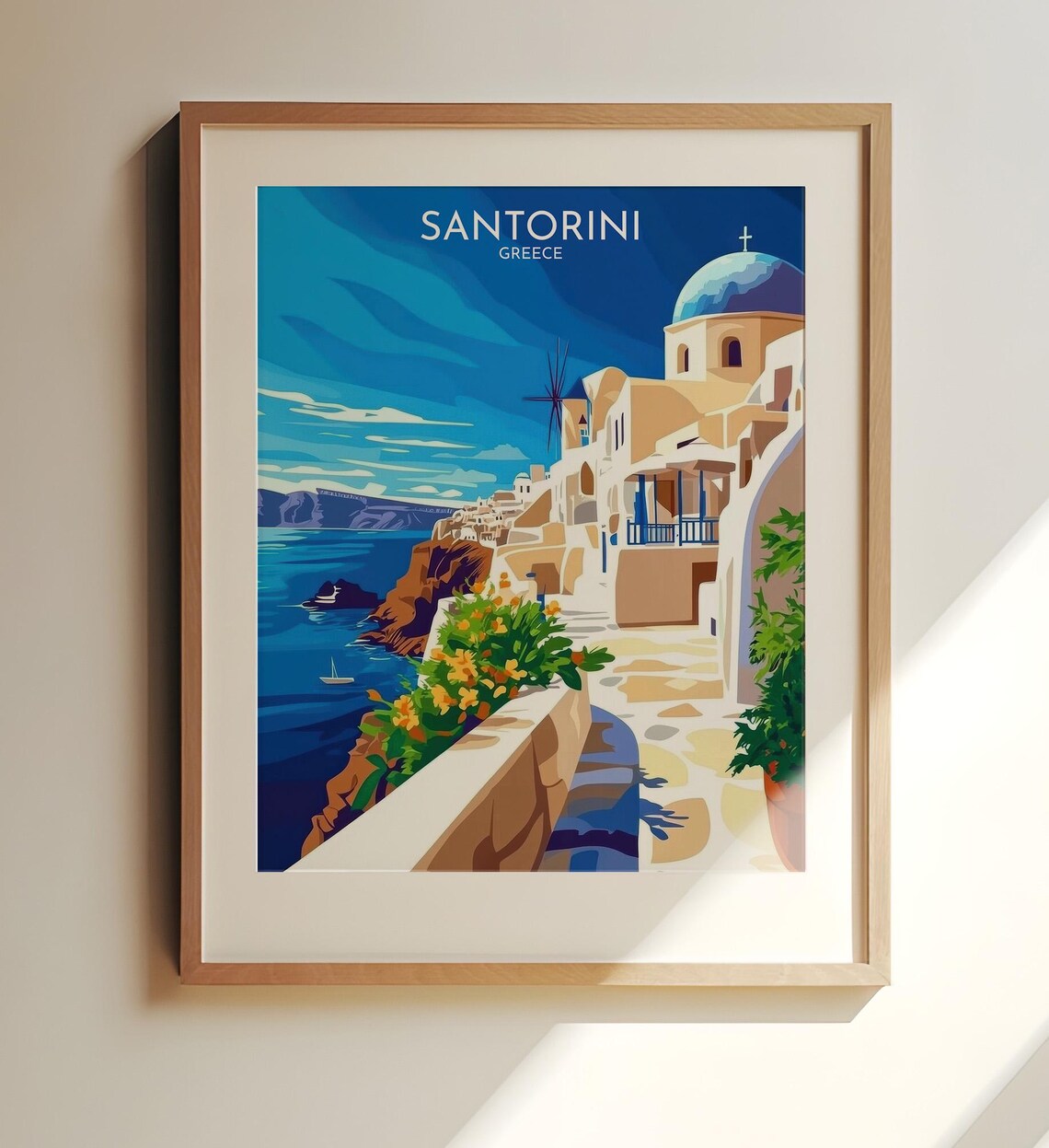 Santorini Greece Blue Dome Church Caldera View Travel Poster