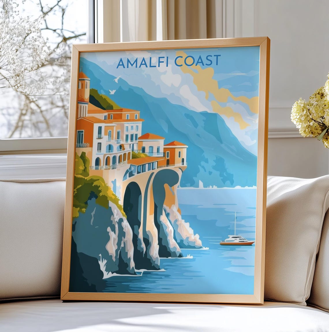 Amalfi Coast Italy Coastal Cliffside Village Boat Sea Travel Poster