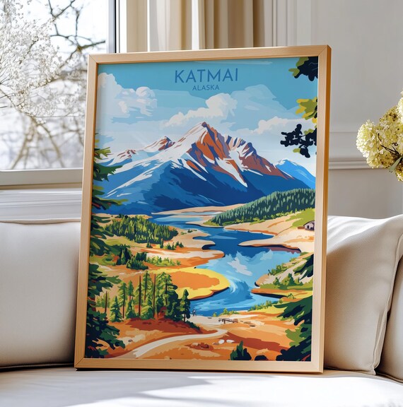 Katmai Alaska Wild Snowy Mountain River Valley Travel Poster
