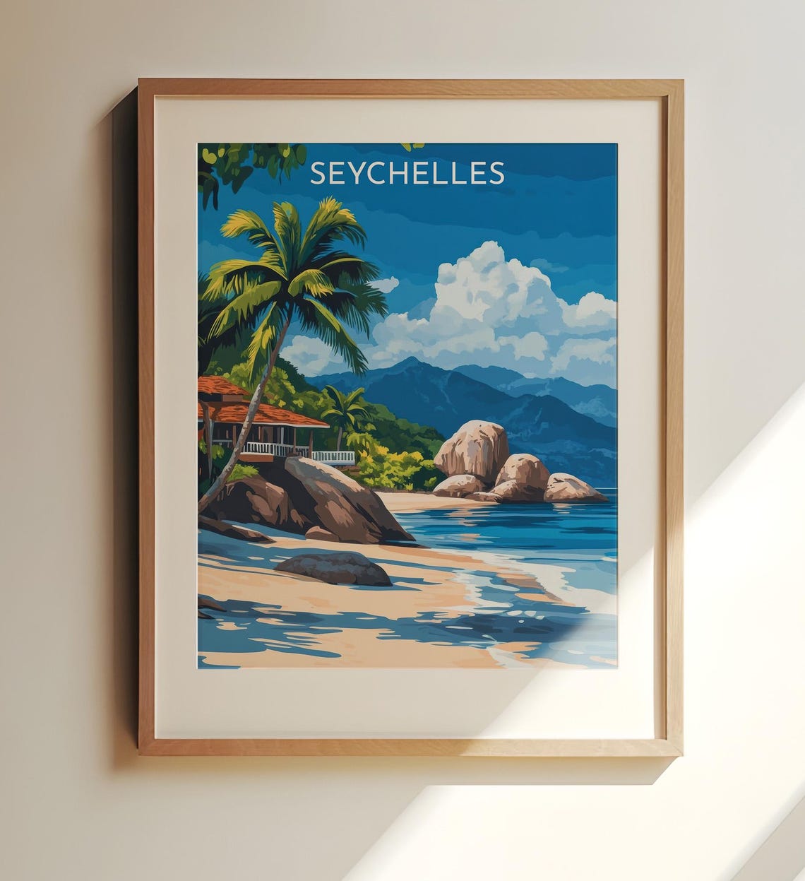 Seychelles Tropical Beach Travel Poster Palm Trees Scenic Island Art