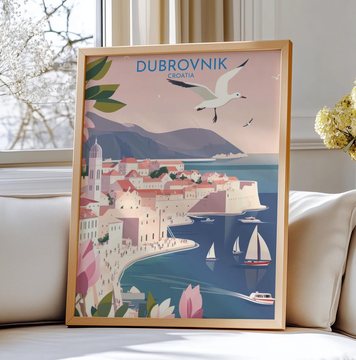 Dubrovnik Croatia Old Town Walls Sailing Seagull Travel Poster