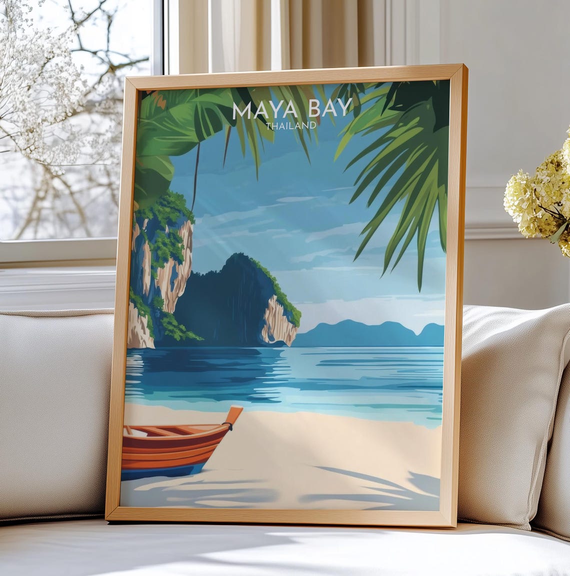 Maya Bay Thailand Longtail Boat Beach Palm Trees Travel Poster