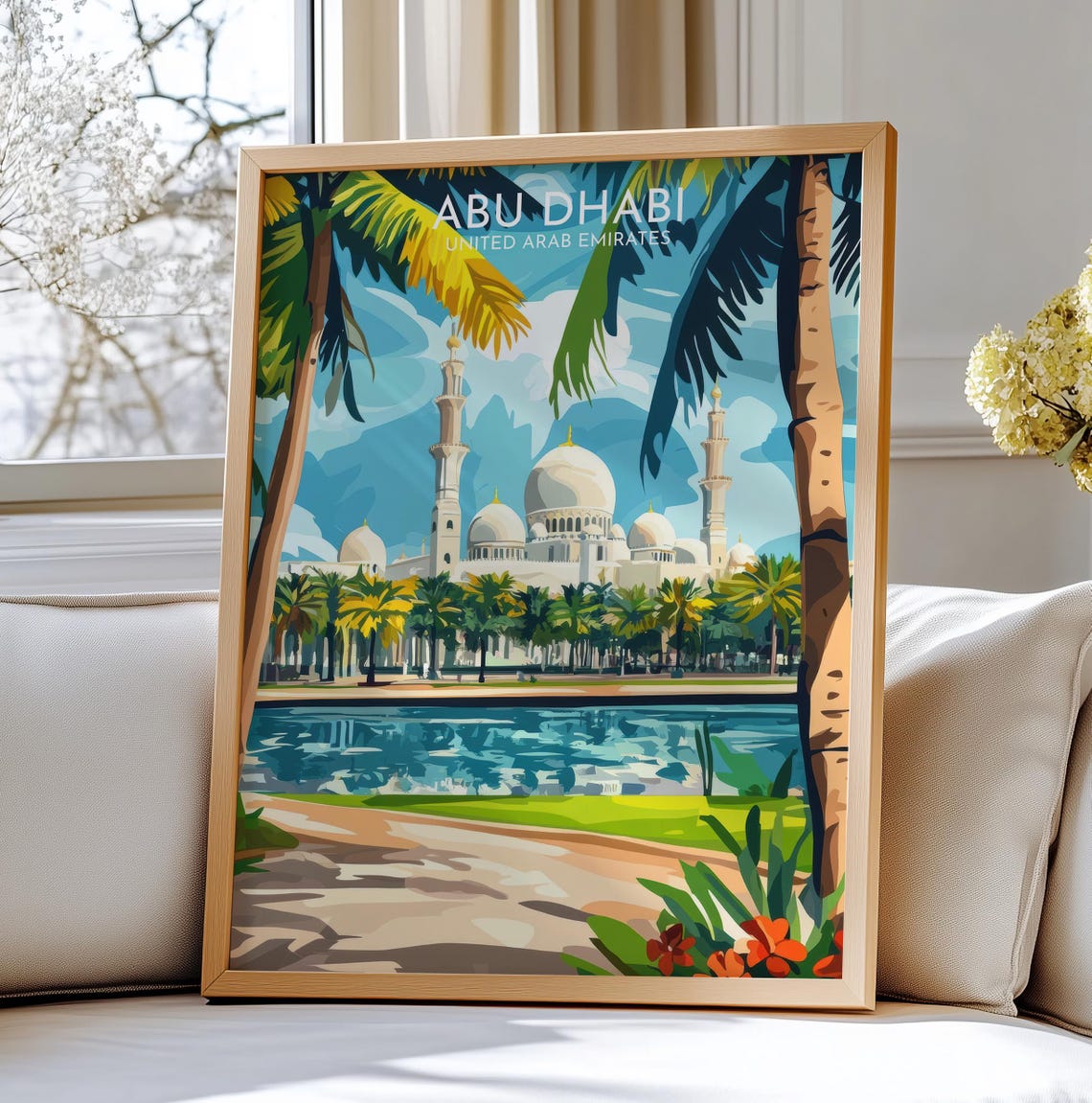 Abu Dhabi Sheikh Zayed Grand Mosque Palm Trees Travel Poster