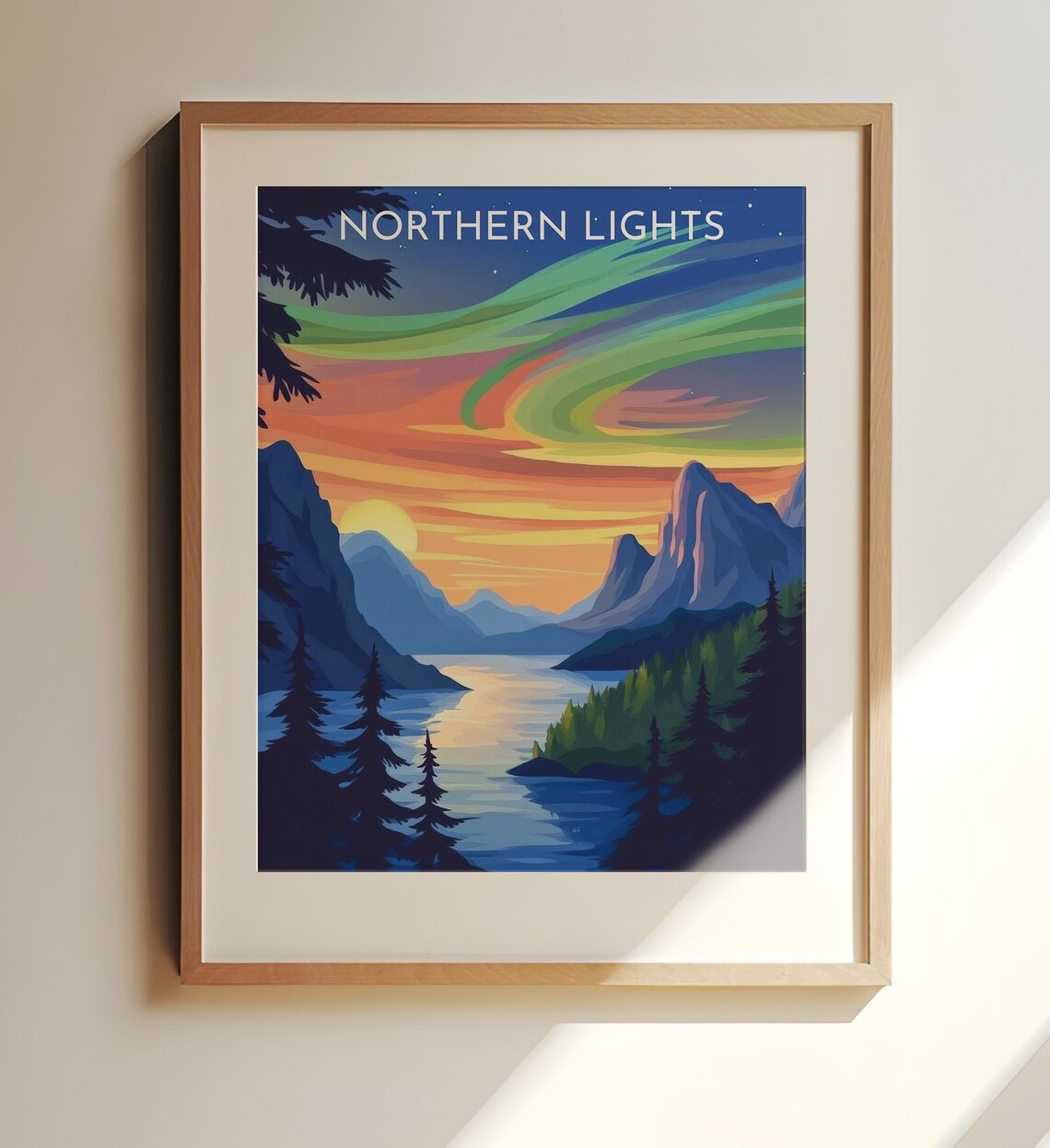 Colorful Northern Lights Aurora Mountain Fjord Night Wall Poster
