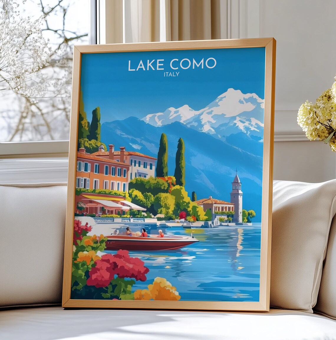 Lake Como Italy Villa Boat Snowy Peaks Scenic Retro Travel Poster