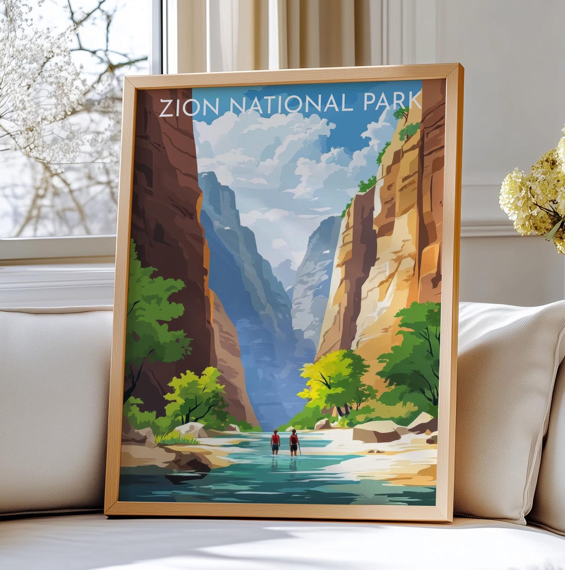 Zion National Park Canyon River Hikers Vintage Travel Poster