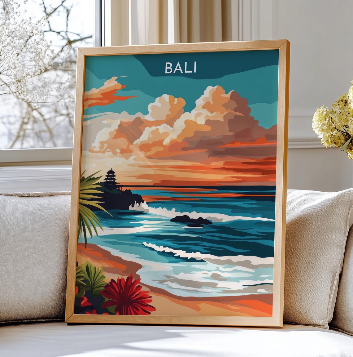 Bali Tanah Lot Temple Sunset Ocean Waves Travel Decor Poster