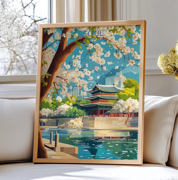 Seoul Korea Travel Poster Art Gyeongbokgung Palace With Cherry Blossoms