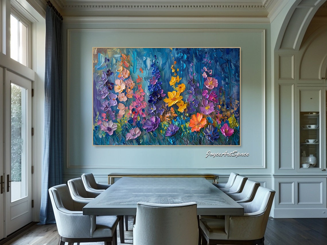 Colorful Wildflowers Deep Blue Textured 3D Floral Oil Painting Poster - Image 4