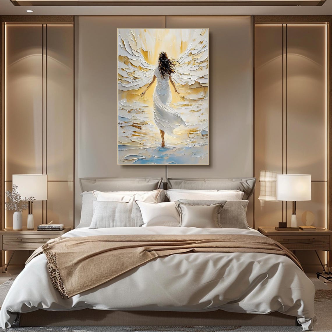 White Winged Angel Woman Golden Heavenly Light 3D Impasto Poster - Image 5