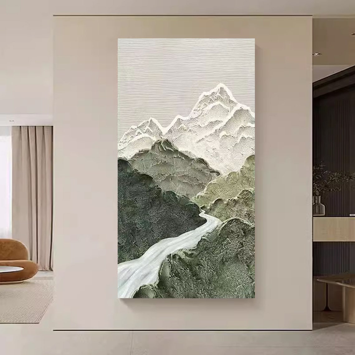 Minimalist Green Mountains White River Abstract 3D Textured Wall Art - Image 2