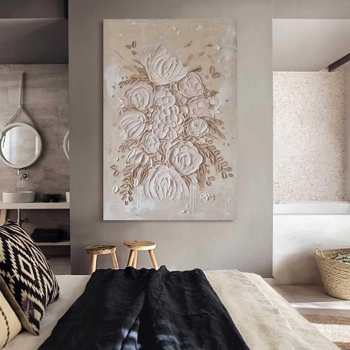 Beige 3D Textured Roses Bouquet Minimalist Floral Oil Painting Poster - Image 4
