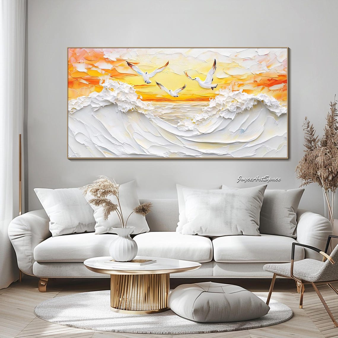 Ocean Waves Seagulls Golden Sunrise 3D Impasto Seascape Wall Art - Image 5