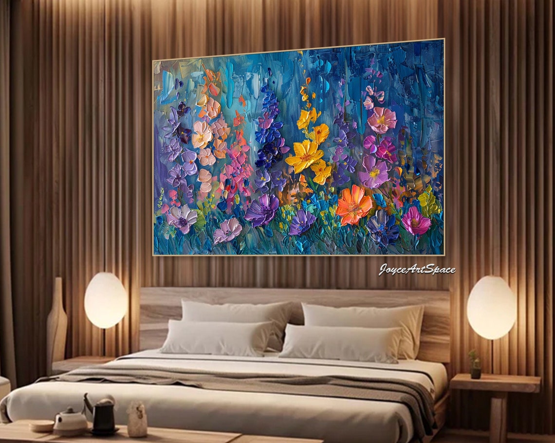 Colorful Wildflowers Deep Blue Textured 3D Floral Oil Painting Poster - Image 5