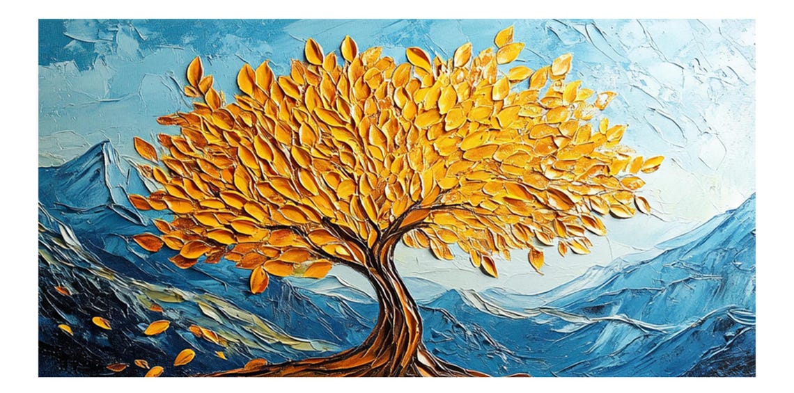 Golden Tree of Life 3D Impasto Blue Mountain Landscape Wall Art - Image 2