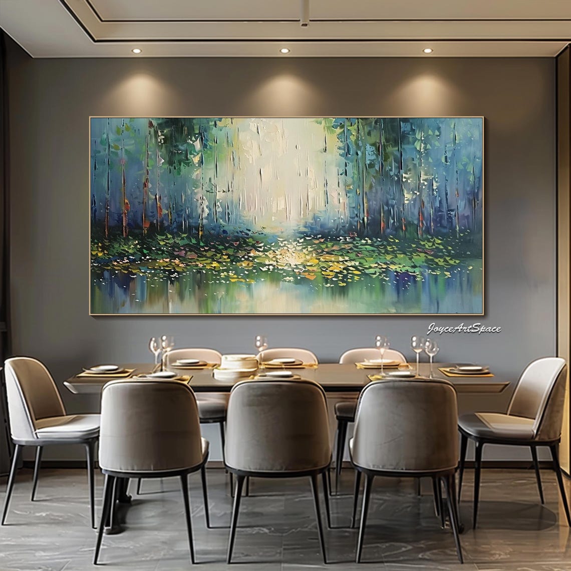 Misty Green Forest Lake Reflection Sunlit Textured 3D Poster - Image 3