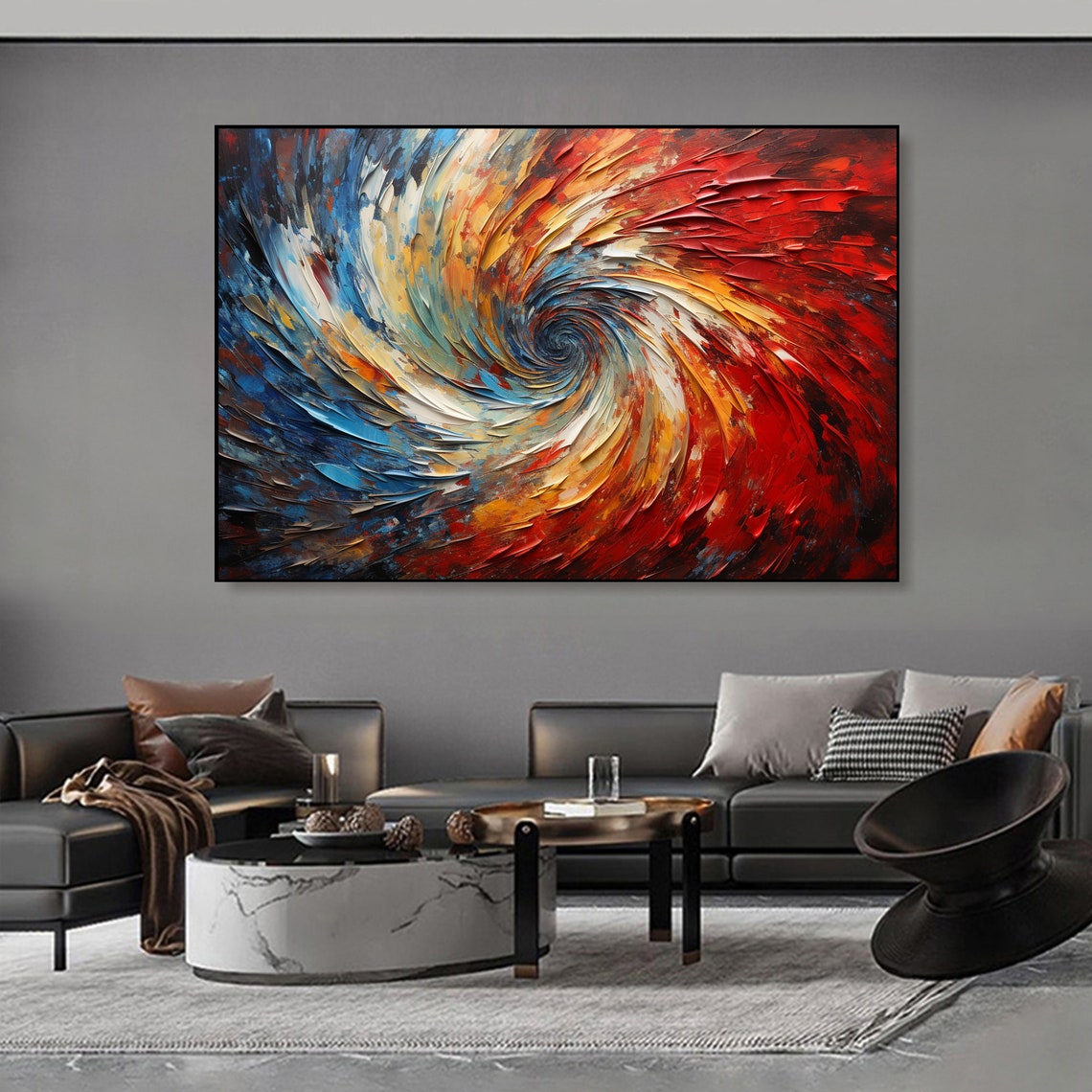 Fiery Red Blue Gold Swirl Textured 3D Abstract Oil Painting Poster - Image 2