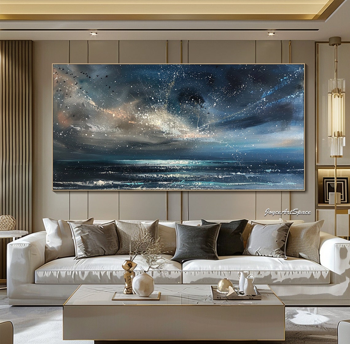 Starry Night Sky Moonlit Ocean Waves Textured 3D Seascape Poster - Image 5