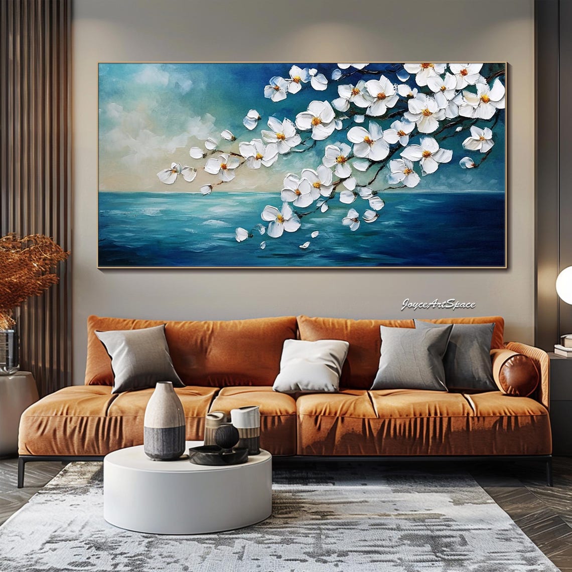 White Cherry Blossom Branch 3D Impasto Teal Ocean Seascape Wall Art - Image 3