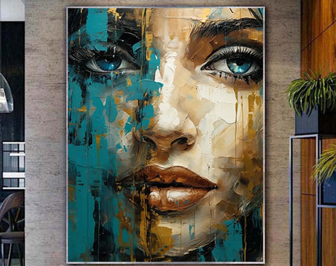 Teal Gold Abstract Woman Face Modern Portrait Blue Eyes Wall Poster