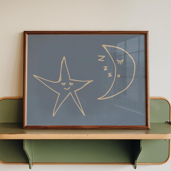 Star And Moon Print Blue Bedroom Wall Art Handdrawn Nursery Decor Digital Download Horizontal