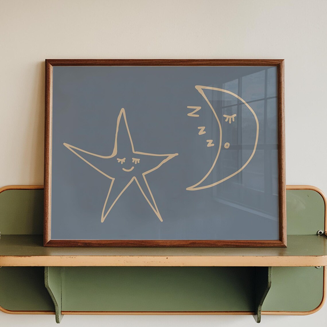 Smiling Star And Crescent Moon Hand Drawn Blue Nursery Art Poster