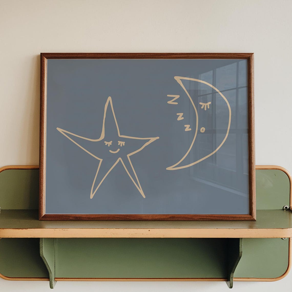 Star And Moon Print Blue Bedroom Wall Art Handdrawn Nursery Decor Digital Download Horizontal