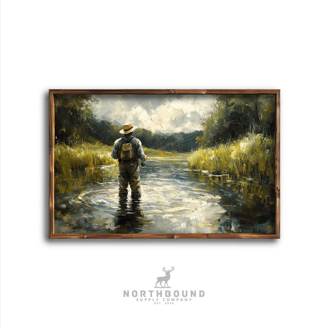 Fly Fisherman Wading Stream Vintage Fishing Scene Art Poster
