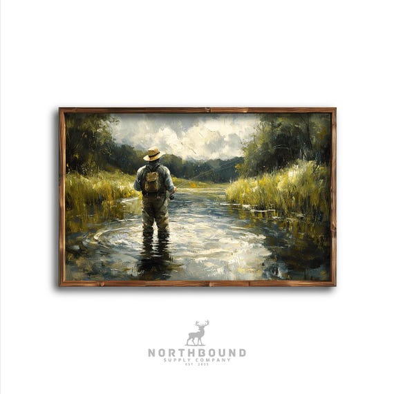 Fly Fisherman Art Driftless Region Painting Winding Stream Landscape Moody Nature Wall Decor Trout Art Fly Fishing Art