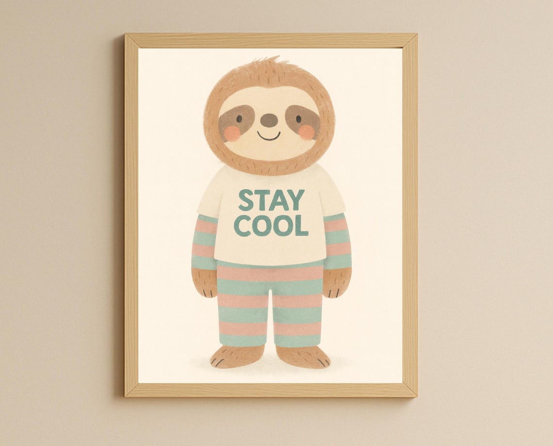 Stay Cool Sloth In Striped Pajamas Cute Nursery Kids Room Poster