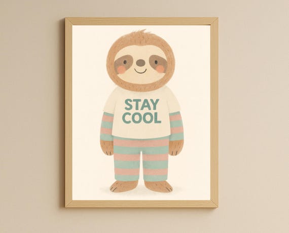 Stay Cool Sloth Wall Art Nursery Print Kids Room Decor Playroom Poster Illustration Hobby Animal Series