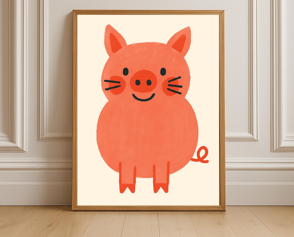 Happy Pink Pig Poster Nursery Farm Animal Kids Room Wall Decor