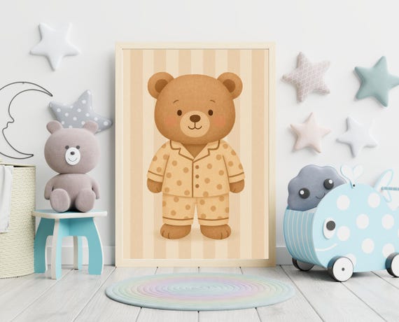Pajama Bear Wall Art Cozy Nursery Bedtime Animal Poster Toddler Room Decor