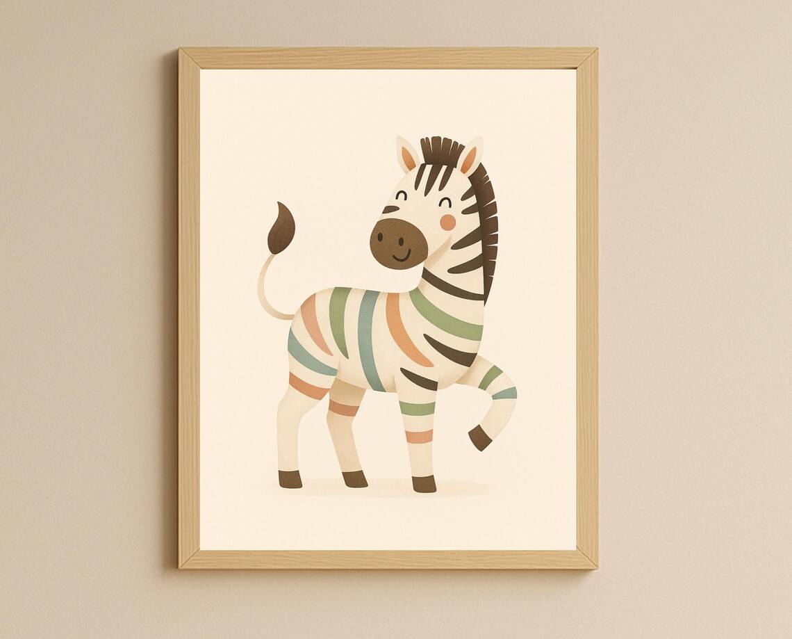 Playful Zebra with Colorful Stripes Cute Safari Nursery Poster