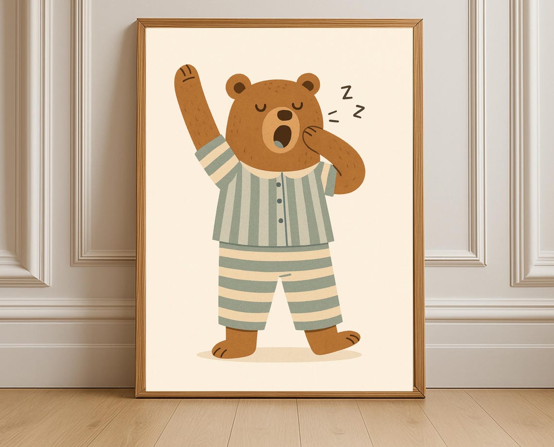 Sleepy Bear Nursery Print Bedtime Wall Art Pajama Poster Kids Room Decor Instant