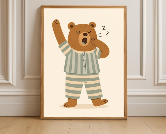 Sleepy Bear In Pajamas Yawning Stretching Bedtime Nursery Decor Poster