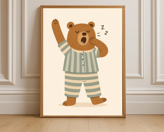 Sleepy Bear Nursery Print Bedtime Wall Art Pajama Poster Kids Room Decor Instant